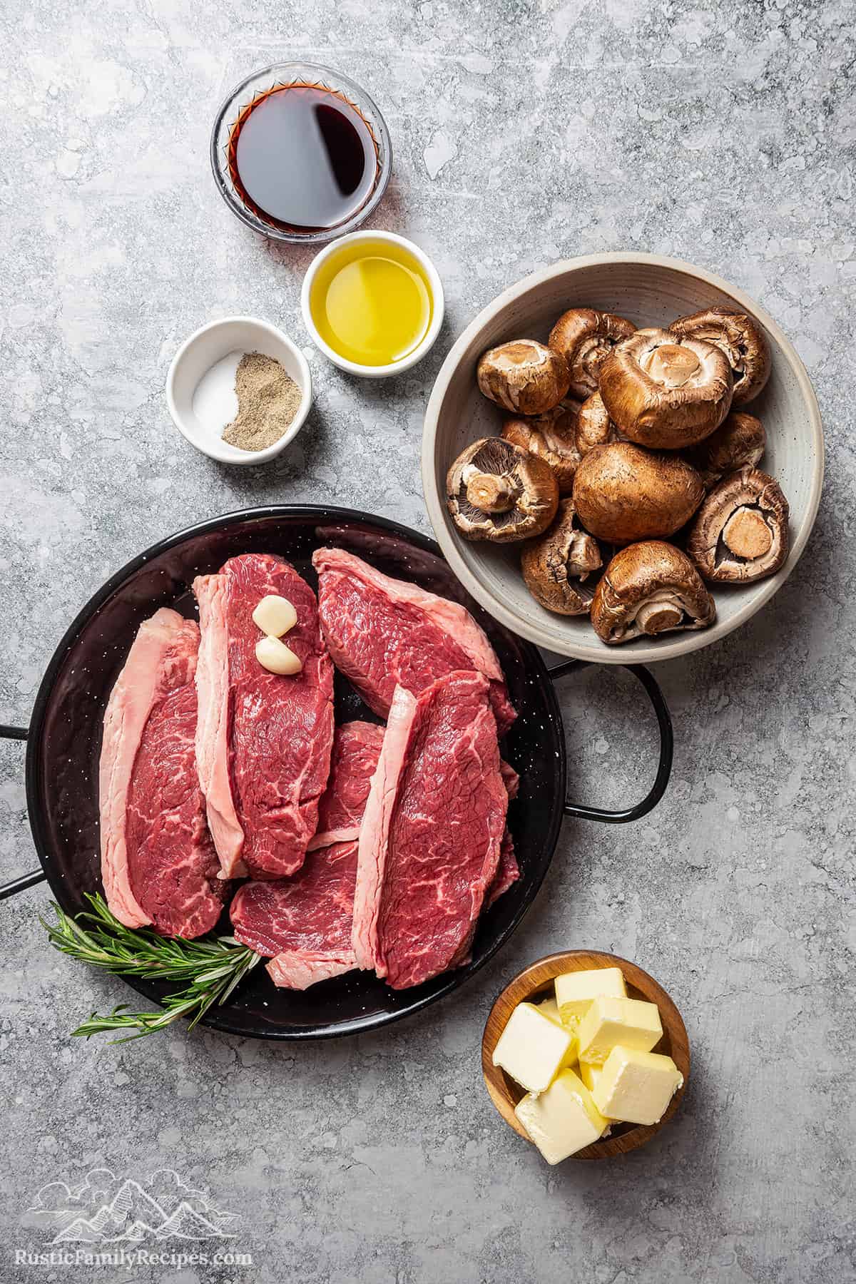 The ingredients for coulotte steak with mushroom sauce.