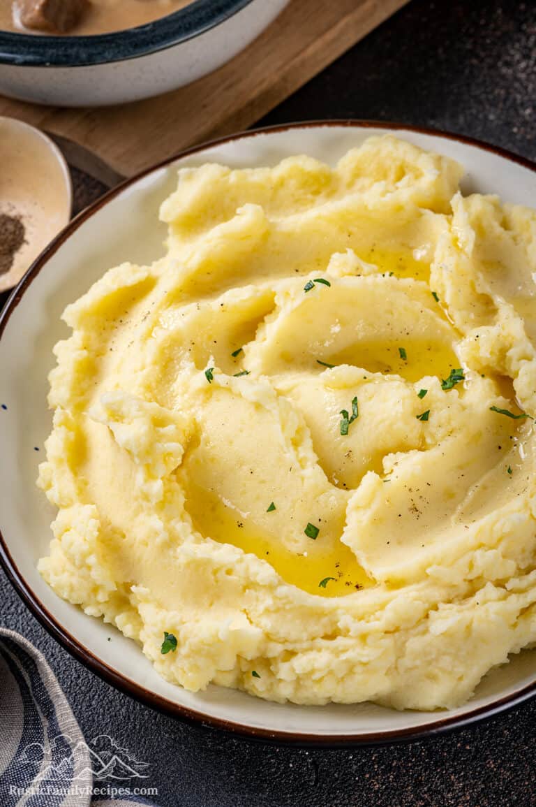 A bowl filled with buttermilk mashed potatoes
