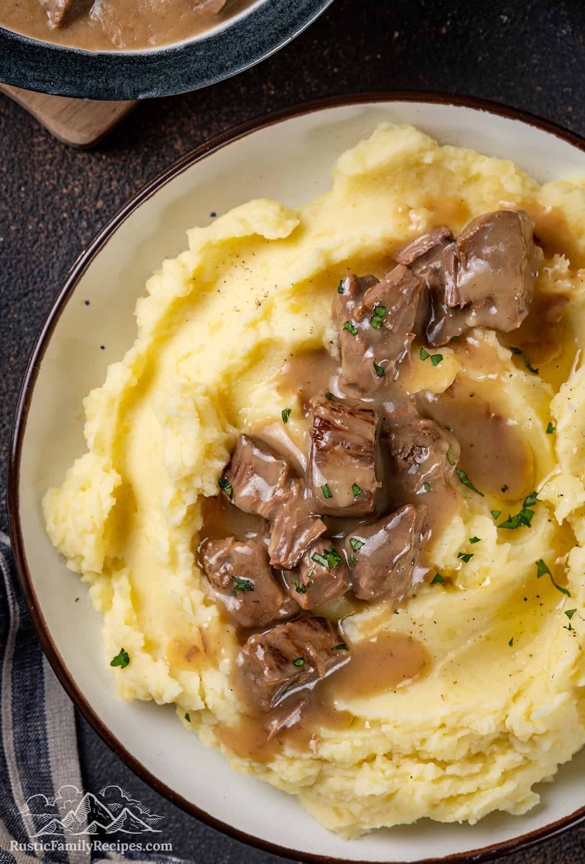 No Peek Beef Tips served on buttermilk mashed potatoes