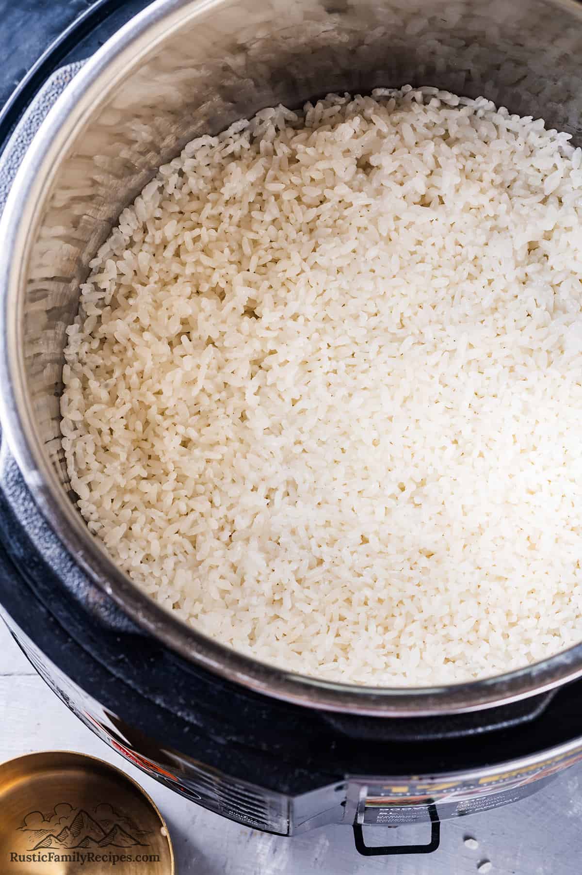Instant Pot container with sushi rice ready to be cooked