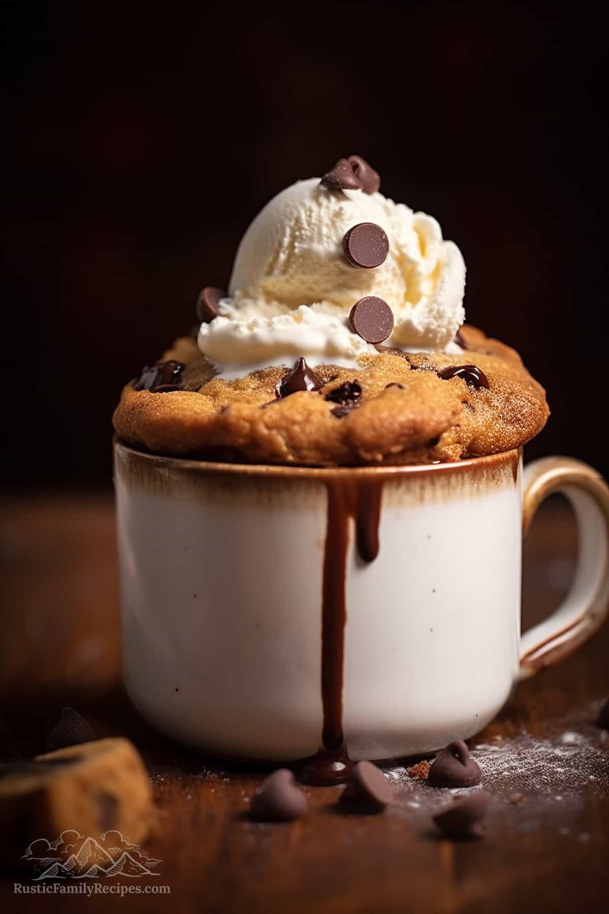A rustic mug with a chocolate chip cookie in it topped with ice cream