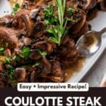 A coulette steak covered with mushroom sauce, Pinterest pin
