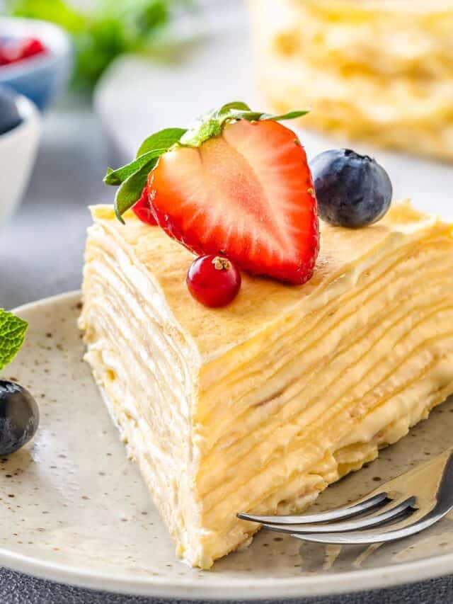 Close up of a slice of Crepe Cake on a plate