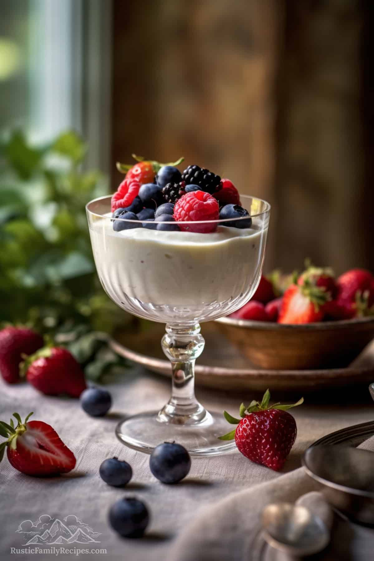 An elegant dessert bowl filled with diplomat cream and fresh berries.
