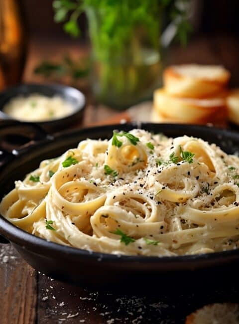 A rustic bowl with fettucine in a creamy sauce with parmesan