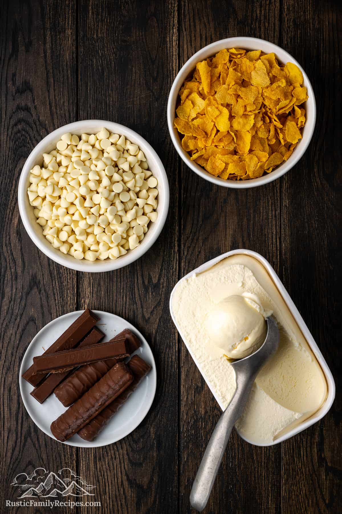 White chocolate, cornflakes, kitkat bars and ice cream