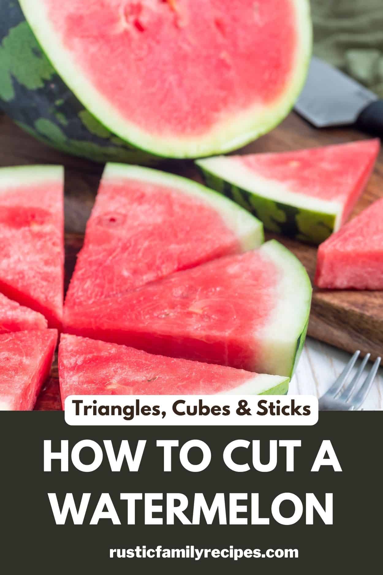 Watermelon triangles next to a watermelon cut in half