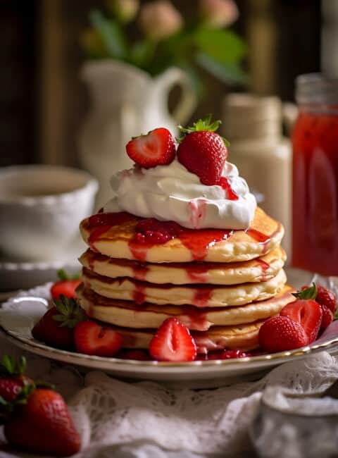 A stack of strawberry pancakes on a plate with whipped cream and fresh berries