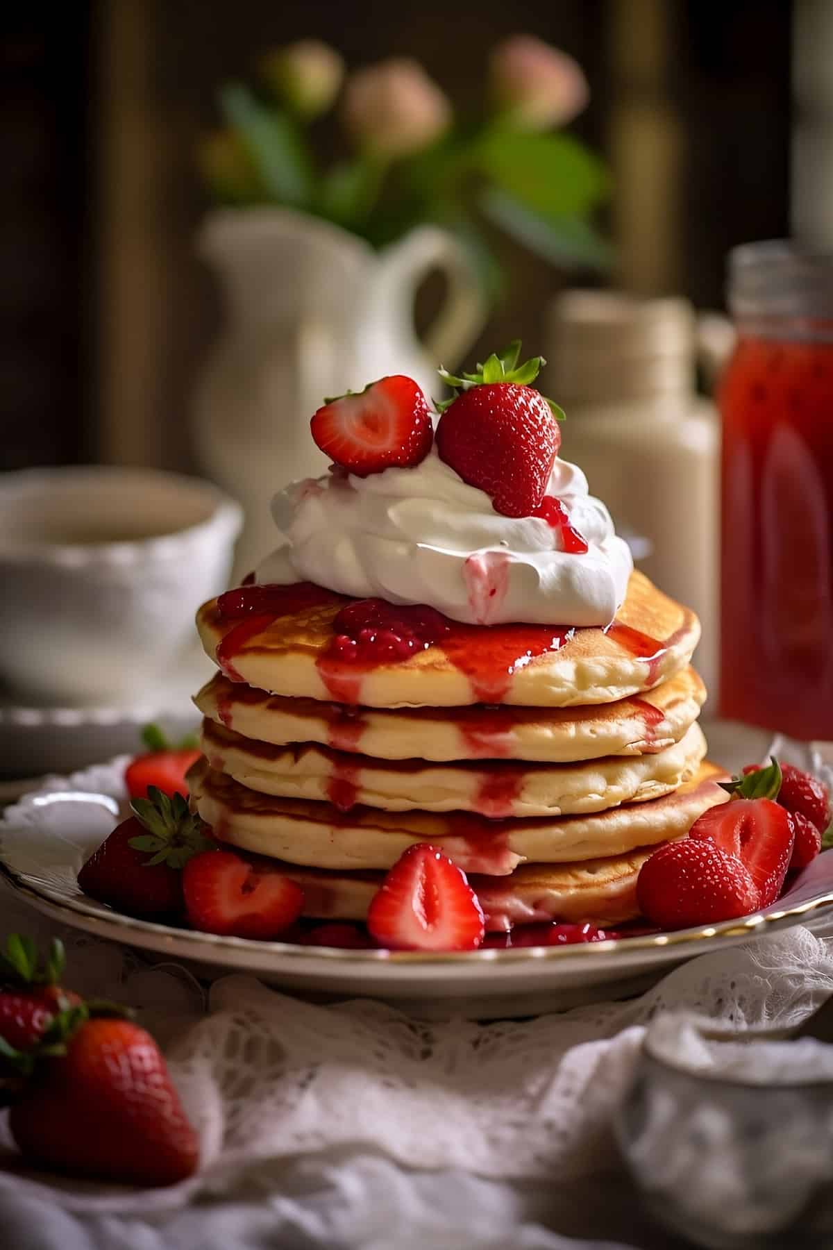 A stack of strawberry pancakes on a plate with whipped cream and fresh berries