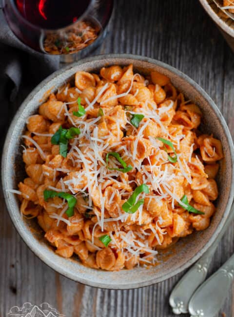 Top view of gigi hadid pasta with cheese on top