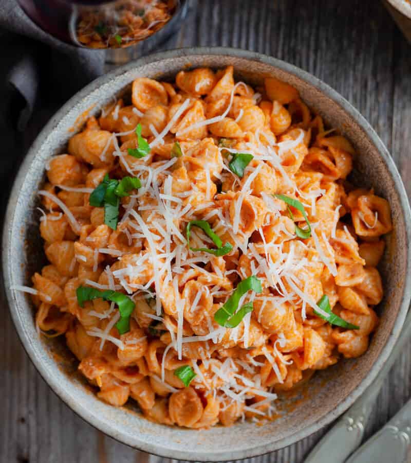 Top view of gigi hadid pasta with cheese on top