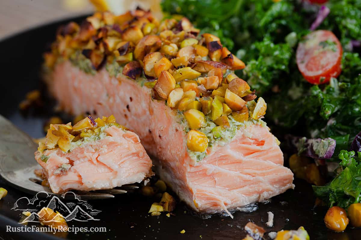 Close up of pistachio crusted salmon