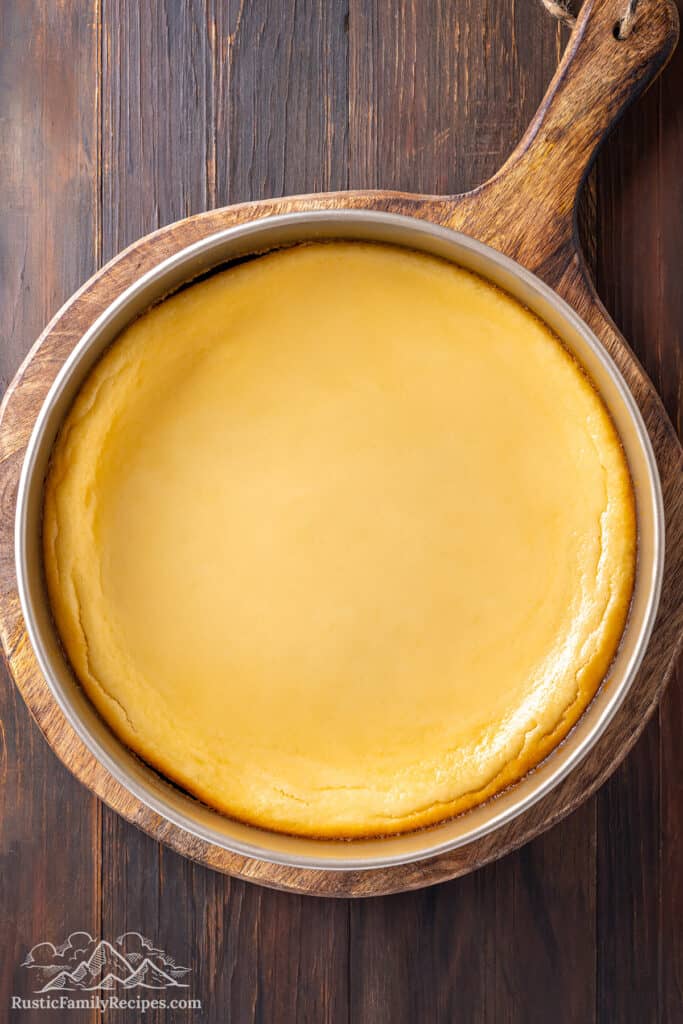 Cheesecake filling in a pan ready to bake