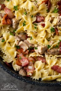 Close up of chicken bacon ranch pasta in a skillet