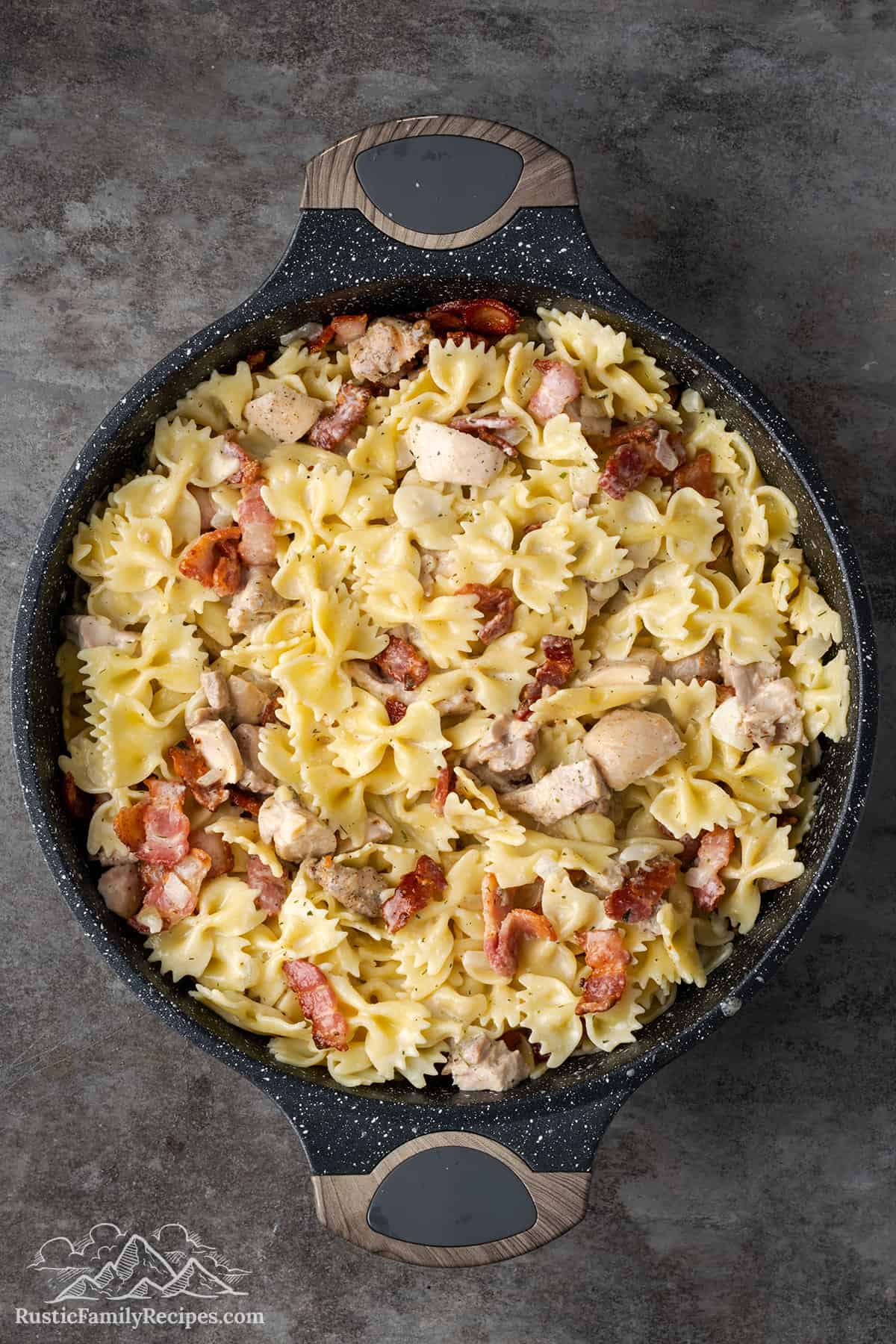 Top view of Chicken Bacon Ranch Pasta in a deep cooking pot