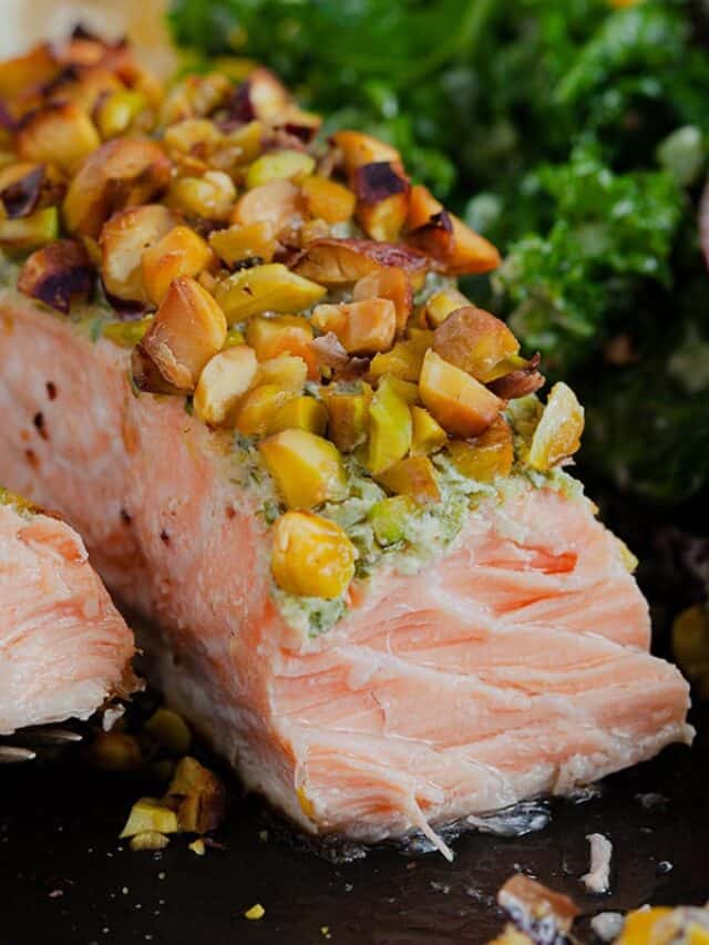 Close up of pistachio crusted salmon
