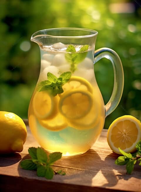 Homemade lemonade in a pitcher out on a deck with lemon slices