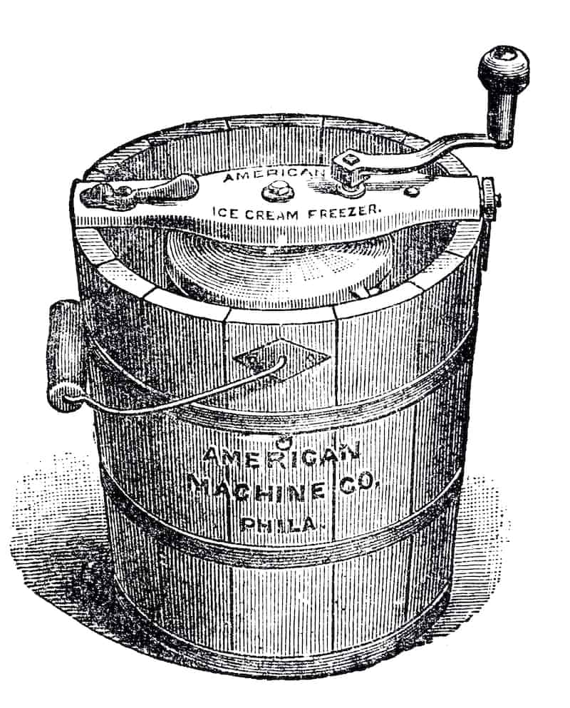 Illustration from 19th century of barrel ice cream maker.