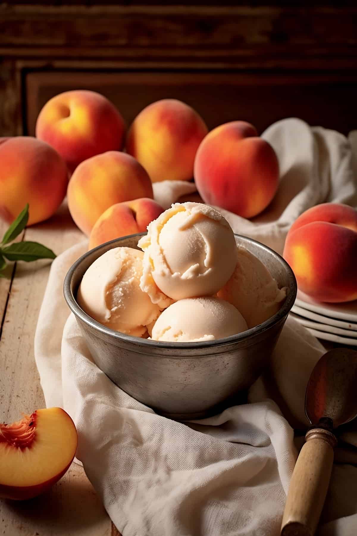 A metal bowl filled with peach ice cream, with peaches in the background