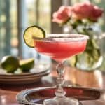 Margarita glass with a pink prickly pear magarita drink