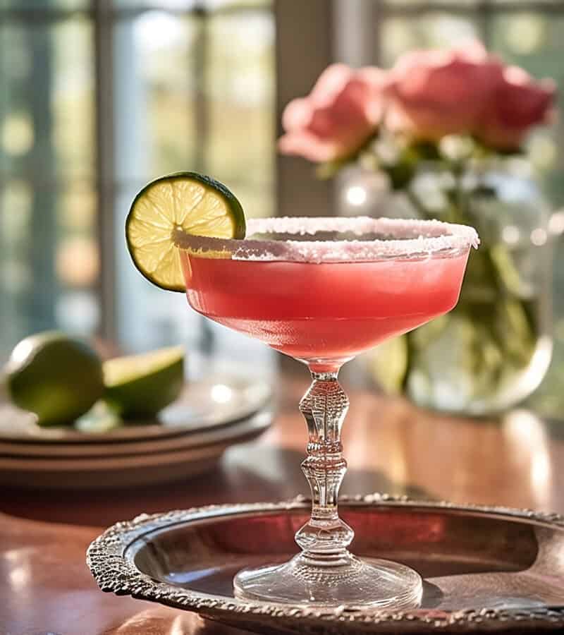 Margarita glass with a pink prickly pear magarita drink