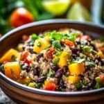 A rustic bowl with quinoa, mango, black beans and cilantro on top