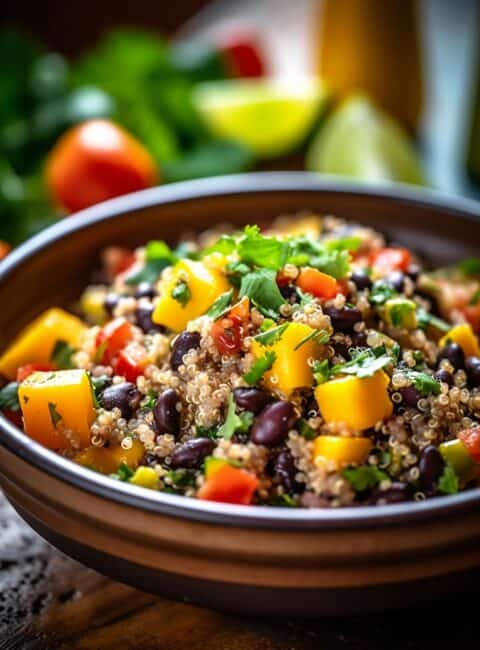 A rustic bowl with quinoa, mango, black beans and cilantro on top