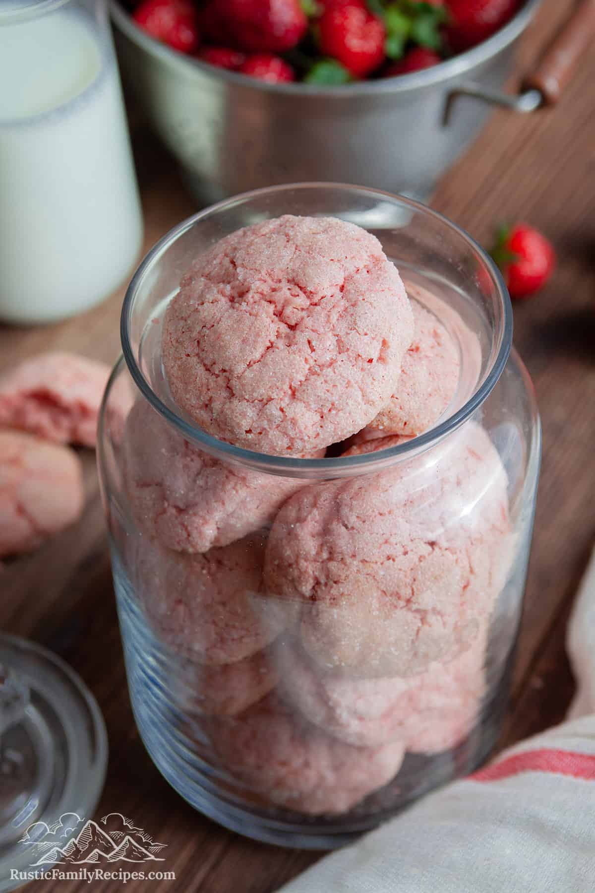 strawberry cookies in a glass jar