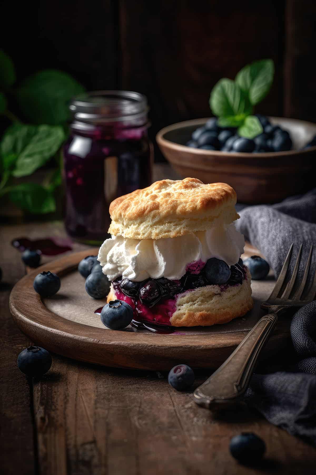 Blueberry shortcake on a rustic plate