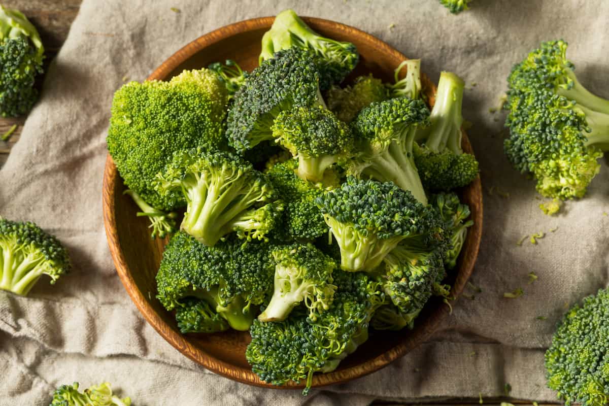 Top view of raw broccoli in a bowl