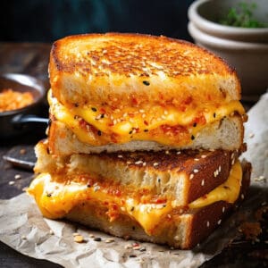 Kimchi grilled cheese sandwich sliced in half and on parchment paper