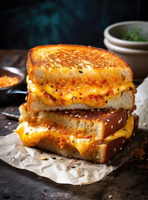 Kimchi grilled cheese sandwich sliced in half and on parchment paper