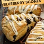 Close up of lemon blueberry scones on a cooling wrack