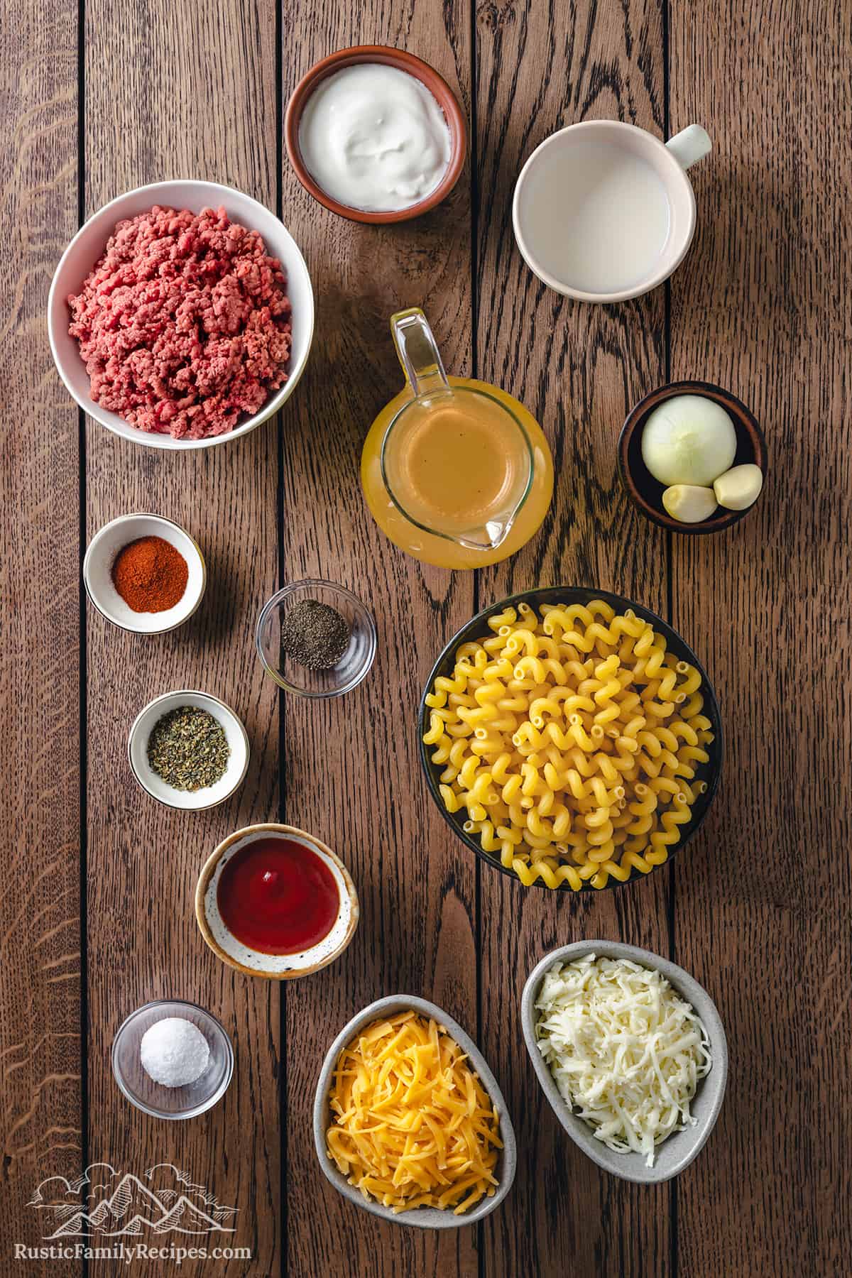The ingredients for cheeseburger casserole.