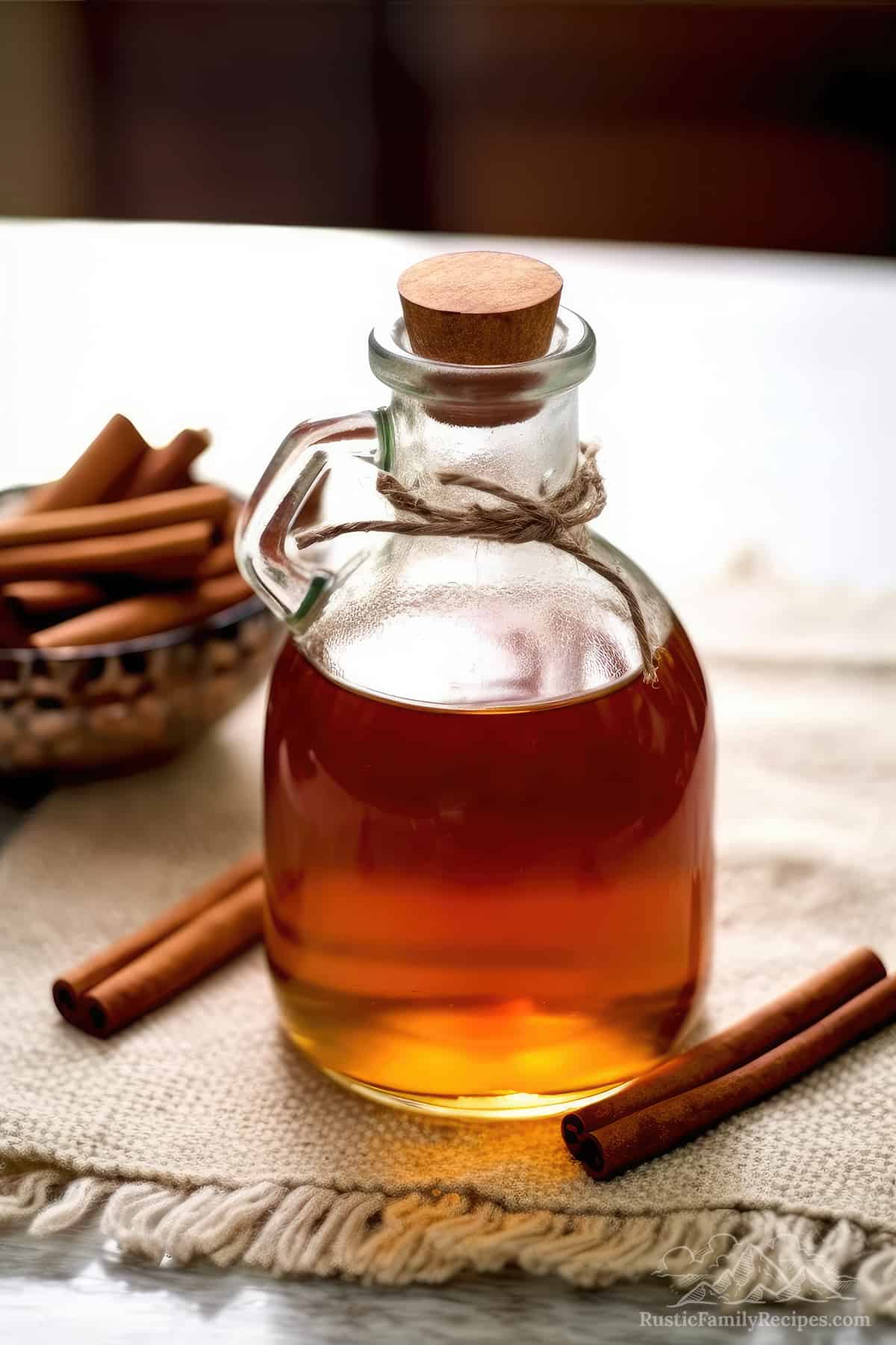 A jar of homemade cinnamon syrup next to cinnamon sticks