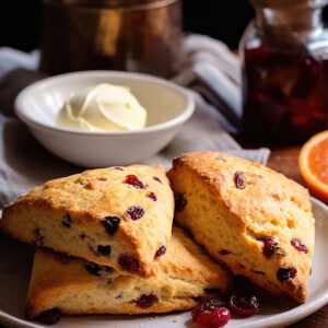 A plate of homemade cranberry orange scones with some butter in the background