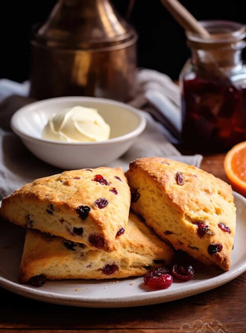 A plate of homemade cranberry orange scones with some butter in the background