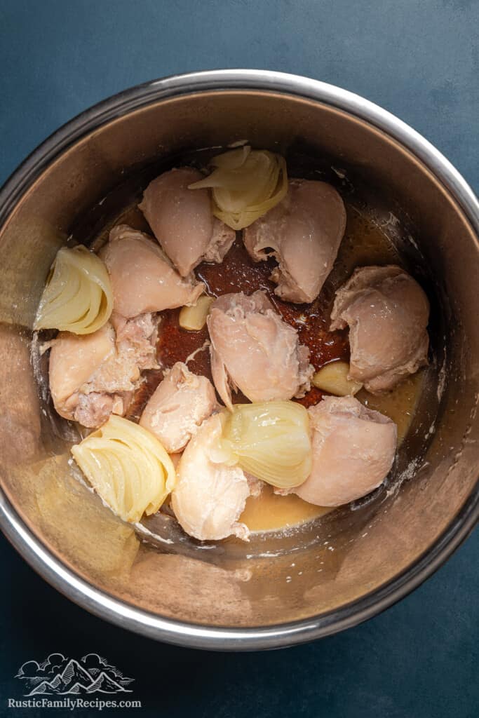 Raw chicken onion and garlic in the bowl of an Instant Pot.