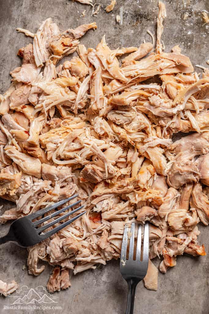 Shredded chicken with two forks.