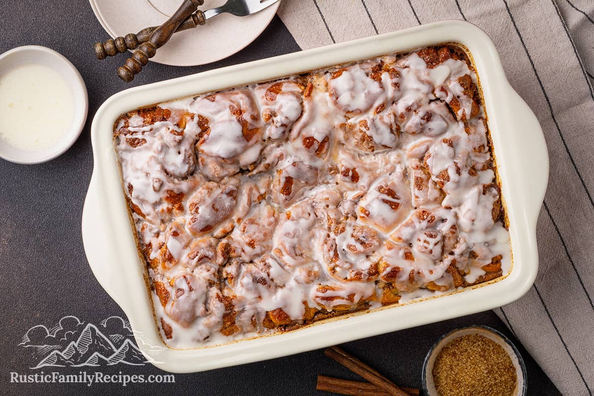 Top view of a cinnamon roll casserole ready to serve.