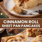 Slices of cinnamon roll sheet pan pancakes.