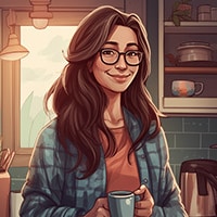 Illustration of a woman with long brown hair holding a mug of coffee